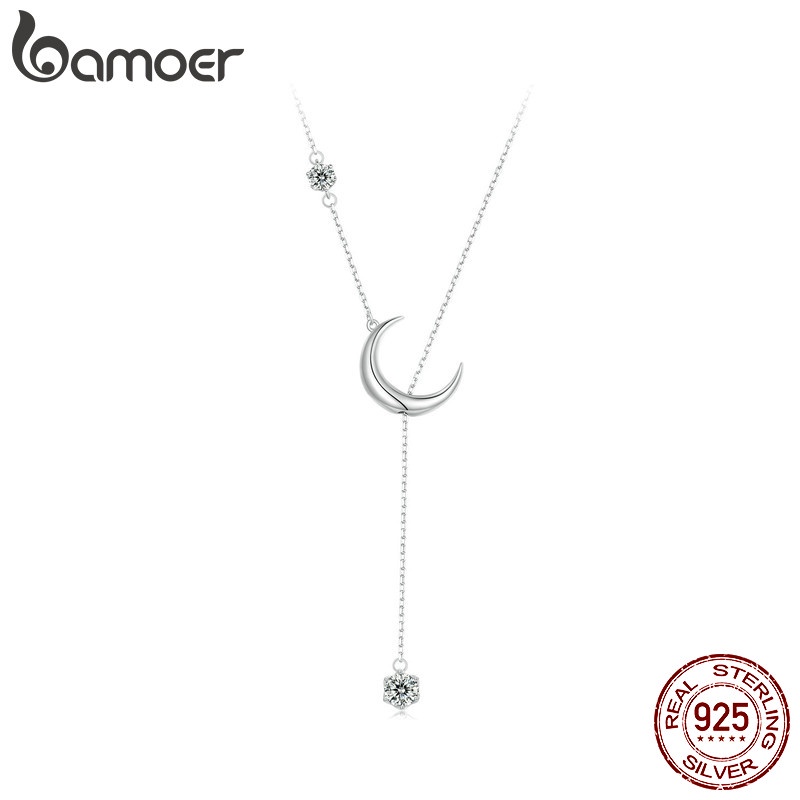 Bamoer 925 Sterling Sliver Necklace Y Shape Moon Fashion Sparkling Zirconia Jewelry Gifts for Women