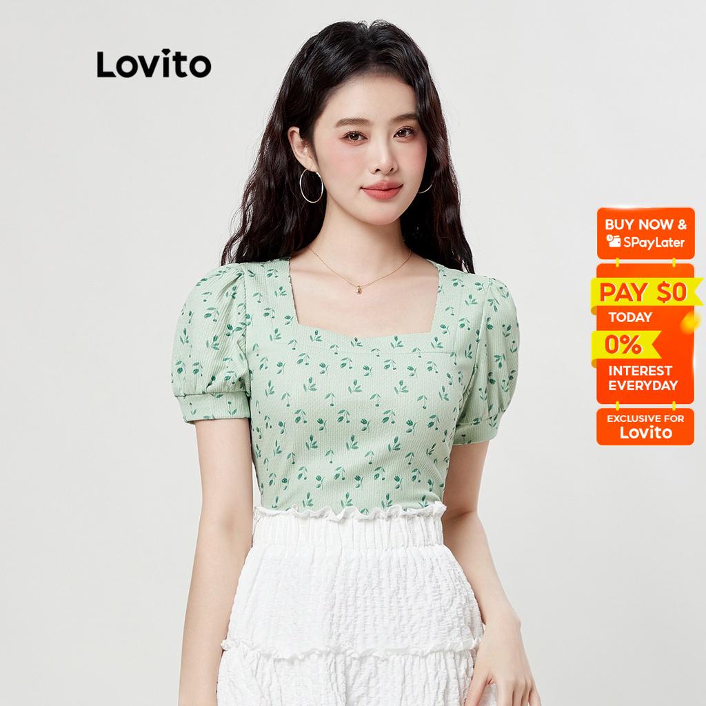 Lovito Plus Size Casual Floral Print Square Neck Puff Sleeves Women T-Shirt L33ED008 (Light Green) Lovito Kaos Wanita Kasual Floral Sablon Leher Persegi Lengan Puff