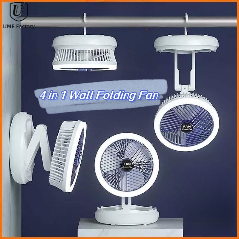 4 in 1 Rechargeable Fan Cooling Fan Portable Desktop 1500mAh telescopic folding fan Table Handheld Folding 4 Speed Fan Desk Mini Fan Rechargeable Cooling Fan Storage Table Lamp Circulating Fan with Hook I Portable Rechargeable Wall Folding Fan