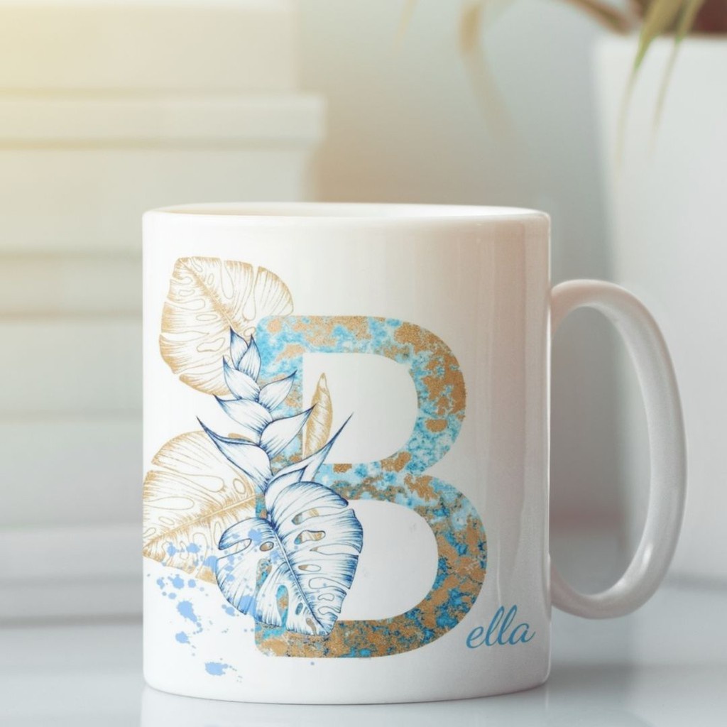 Gift Glass | Souvenir Gift Mug Custom Letters And Names | Tropical Golden and Blue Theme | Gift Gifts | Custom Mug