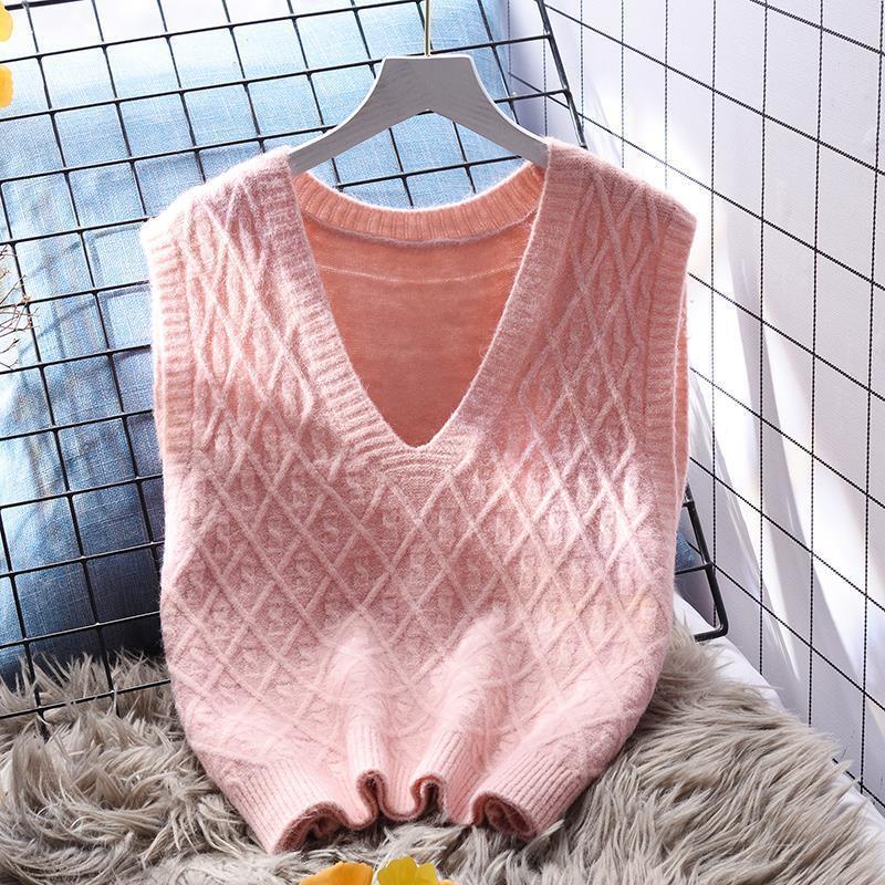 Pink Fresh Knitted Vest Women's Vest Loose Outer Wear 2022 New Style Early Autumn v-Neck Women's Spring Sweater