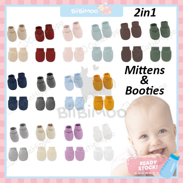 (2in1) Newborn Baby Mittens Booties Mitten 2 in 1 Set Baby Anti Scratching Gloves Infant Beanie Cap Bayi Sarung Tangan