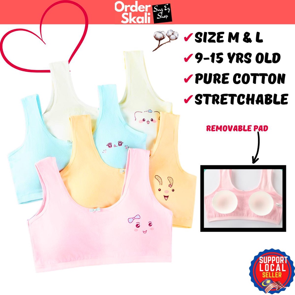 9-15 years Teenagers Bra Cotton Soft Sports Kids Girl Sponge Bra Teenage Wireless Student Baju Dalam Budak Perempuan