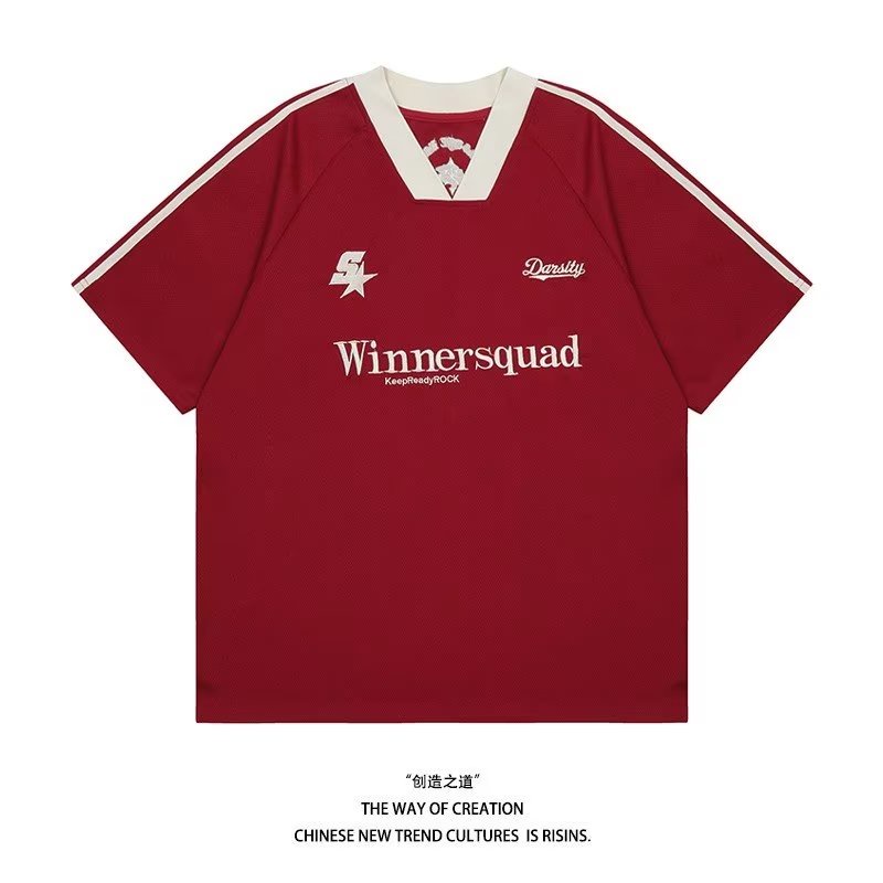 American Retro Racing V-Neck Short-Sleeved T-Shirt Men Loose Thorn High Street Embroidery Casual Couple Sports Jersey