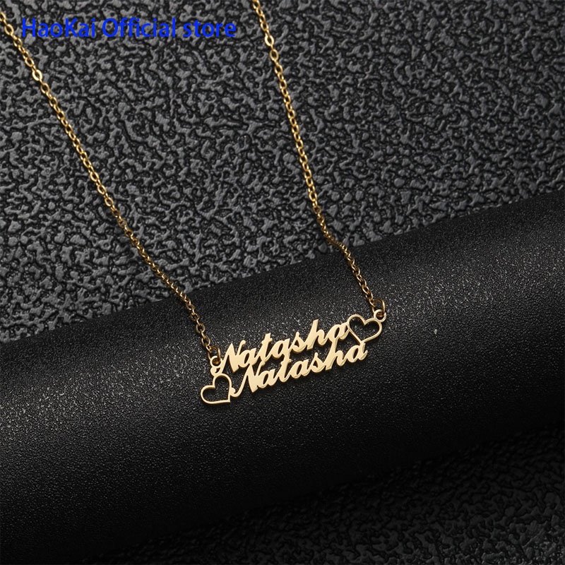 【Name Custom Necklace】Haokai Fashion Custom Stainless Steel 2 Name Heart Necklace Personalized Letter Choker Necklace Gift