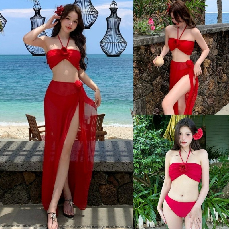 Swimsuit Female Three -piece Swimsuit Red Strap Bikini European and White Vacation Sexy Beach Bikini Set