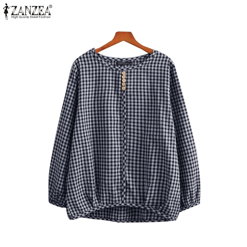 ZANZEA Women Vintage Daily Lantern Sleeves Round Neck Split Embellished Buttons Blouses