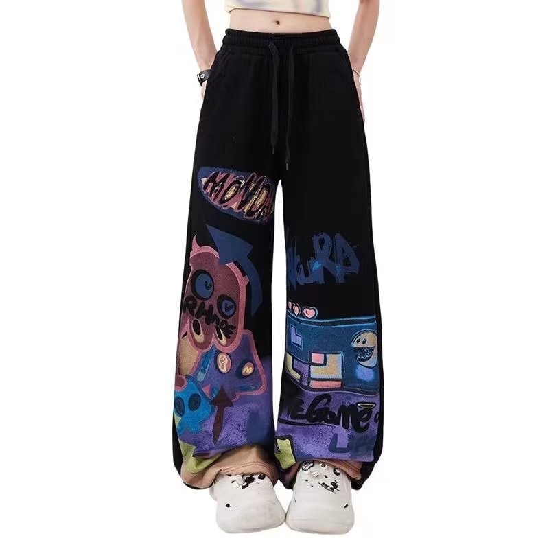 Street hip-hop vintage chic graffiti print casual pants loose wide leg pants