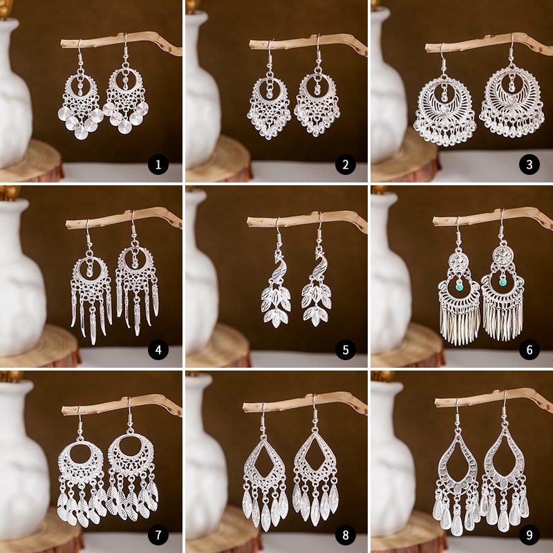 Imitation Miao Silver Earrings Ethnic Style Peacock Bell Tassel Earrings Hollow Leaf Earrings