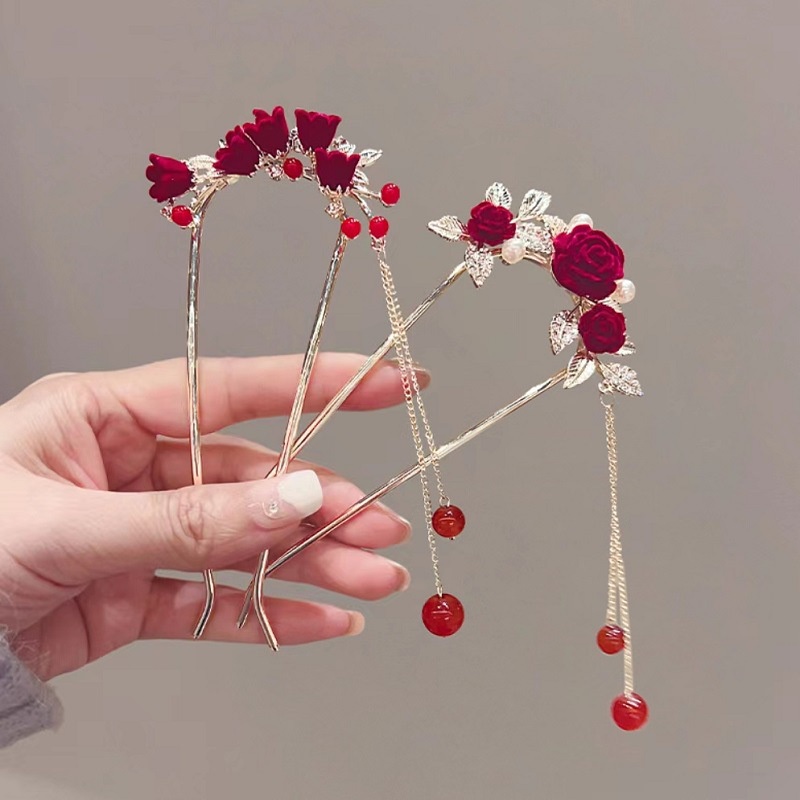 Antique Red Flocking Rose Tassel U-Shaped Hairpin Chinese Style Coiled Hairpin Bridal Toasting Clothes Hairpin Headdress