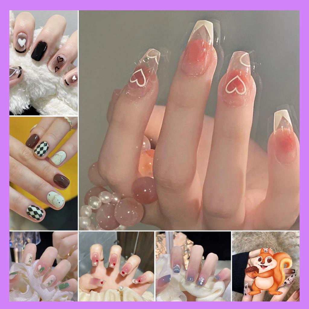 sa With 24 Jelly Glue 24Pcs Nail Art Fake Nails French Long Fake Nails