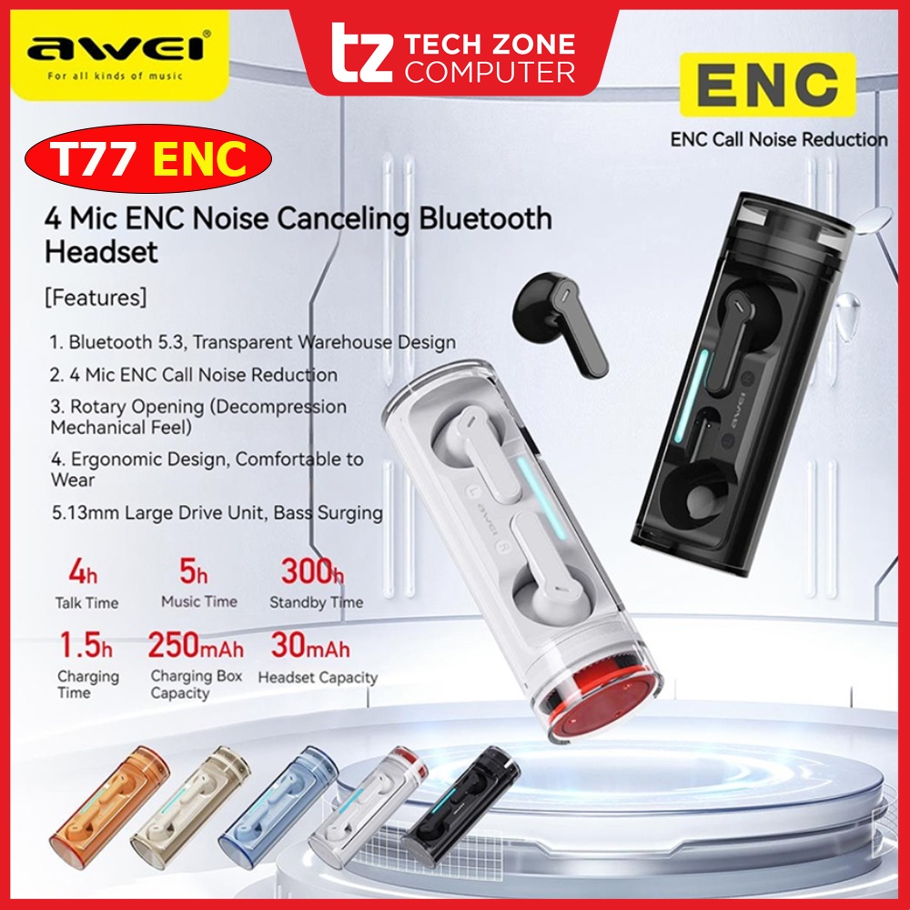 Awei T77 ENC 4 Mics TWS Bluetooth Wireless Earbuds V5.3 Bluetooth 13mm Large Drive Unites Hifi Bass