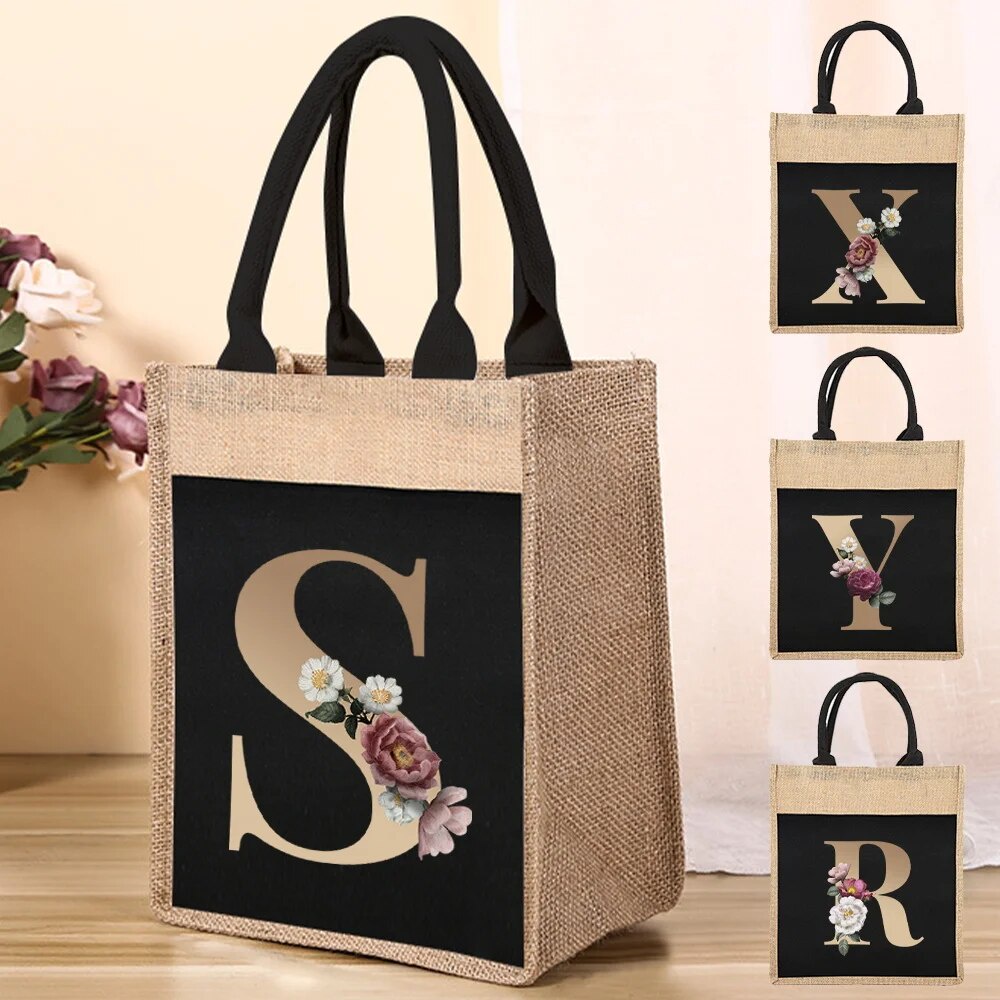 Jute bag Shopping Bag Linen Beach Tote Bag Gold 26 Letter