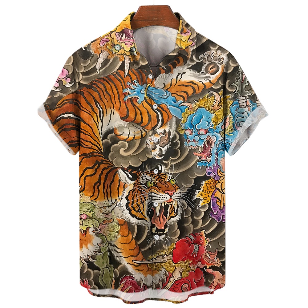 Essential Have Tiger Pattern Shirt Summer Hunter Short Sleeve Men's Anime Print Tops Casual Lapel Oversized Button Cl... - Image 5