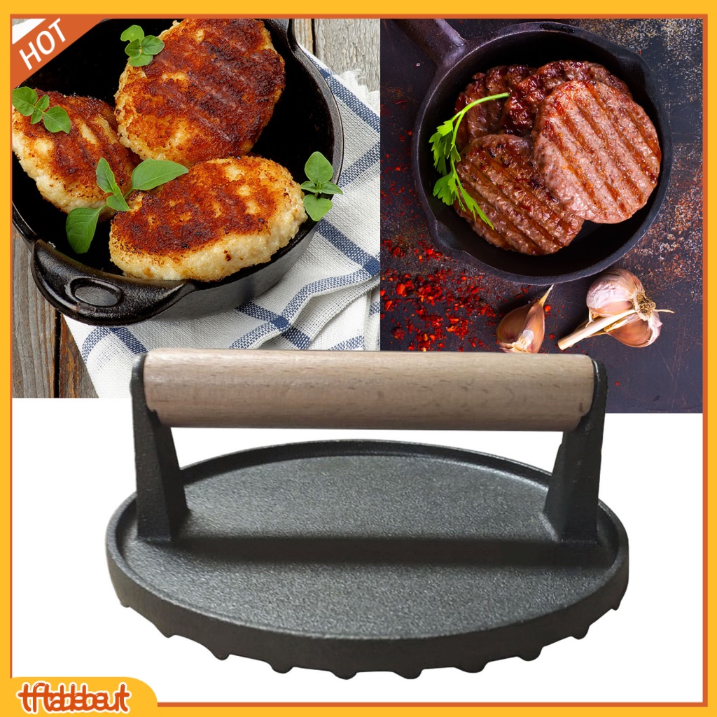 TF* Panini Press Grill Accessory Burger Cooking Tool Premium Cast Iron Beef Press Board for Juicy Burgers Steaks Heat-resistant Wooden Handle Ideal for Southeast Cuisine