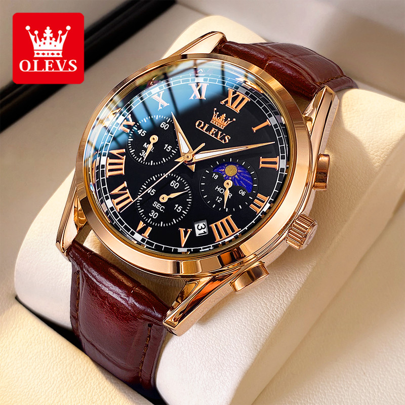 OLEVS Jam Tangan Lelaki Original Waterproof Luminous Leather Chronograph Casual Luxury Men Watch Gift 2871