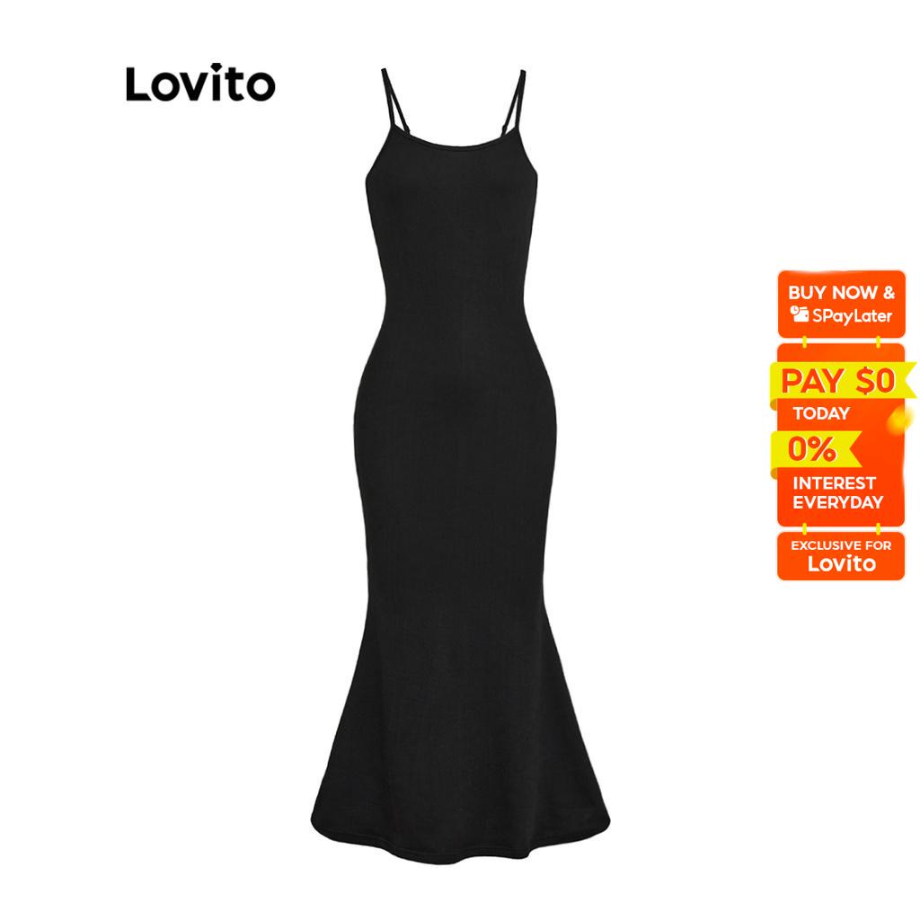 Lovito Casual Plain Fishtail Adjustable Buckle Slim Fit Women Dress L36AD011 (Black)