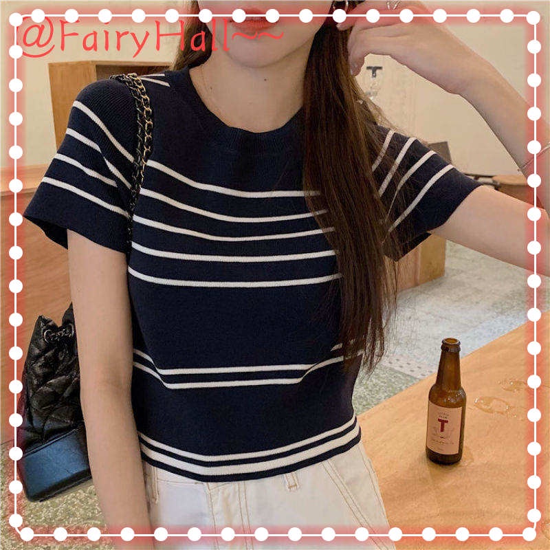 Hong Kong style Korean style Chic striped short style sweater design sense niche online celebrity short-sleeved t-shirt women's summer ins trend