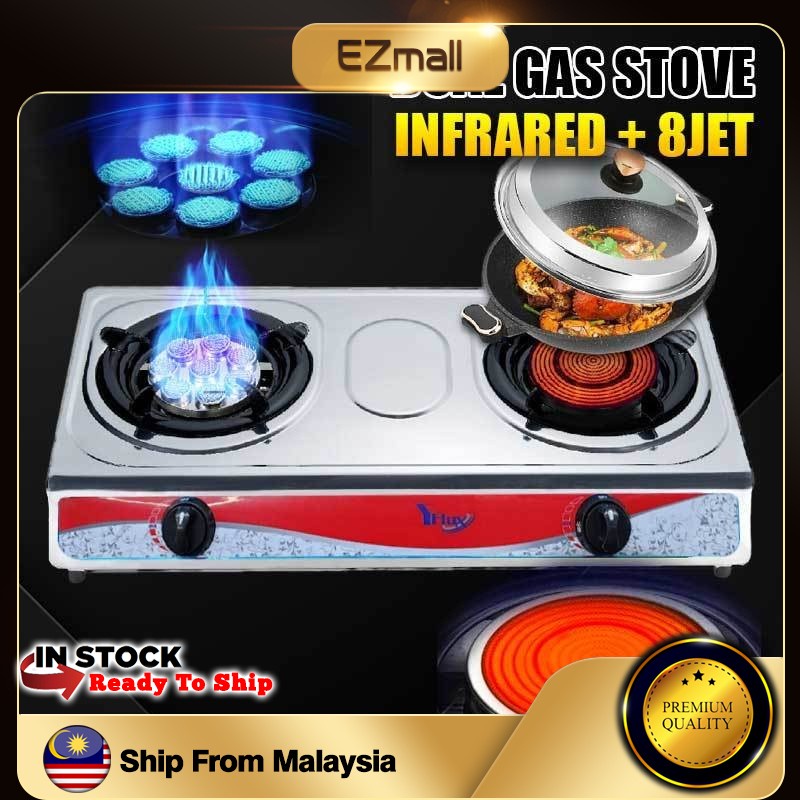 Yelux Double Burner Gas Stove Stainless Steel Infrared Burner 8 Jet Head Nozzle LPG Cooktop Dapur Gas Masak Api Bara