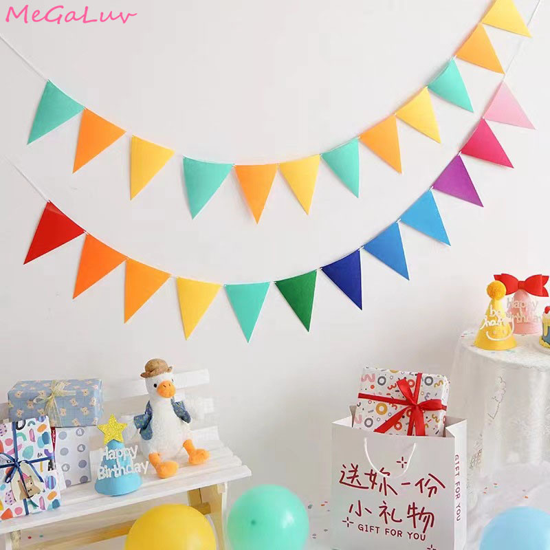 INS Rainbow Colorful Felt Non-Woven Triangle Bunting Flag Pennant Birthday Party Decoration Baby Shower Wedding Garland Flags Party Decoration Supplies