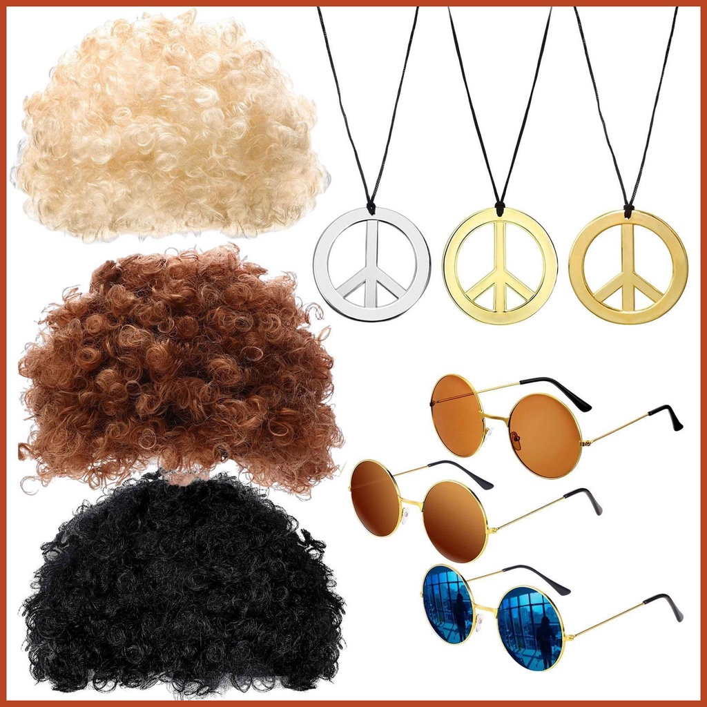 Mens Hippie Wig Set Hippie Wig Necklace Set 3Pcs Retro Hip Hop Costume Kit Gold Disco Disco Costume Accessories Men gomy