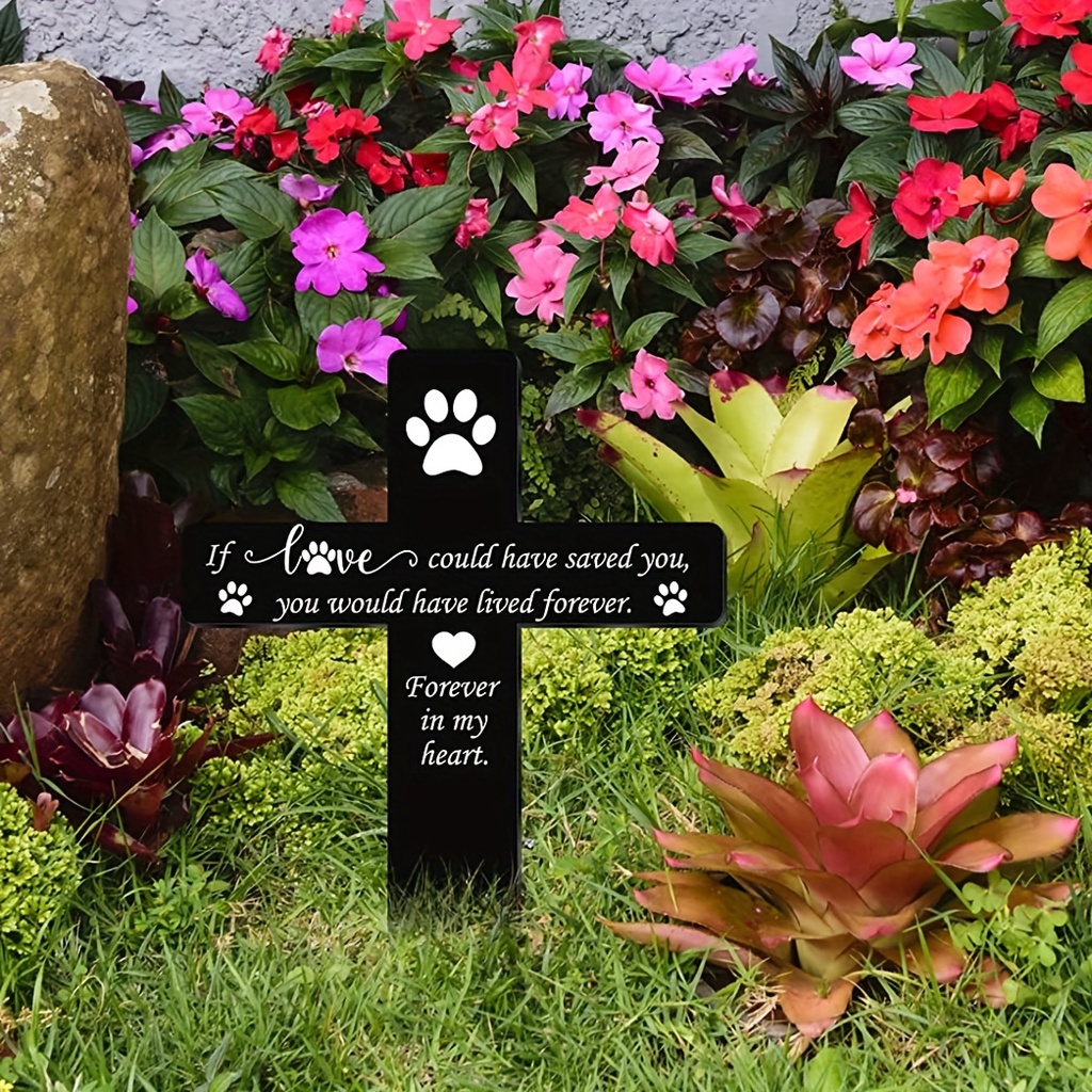 1pc Dog/Cat Grave Marker Cross Memorial Gifts, Pet Loss Stake Memorial Plaques For Outdoors Pet Memorial Garden Decor, Waterproof Grave Marker Cemetery Black Sympathy Garden Stake
