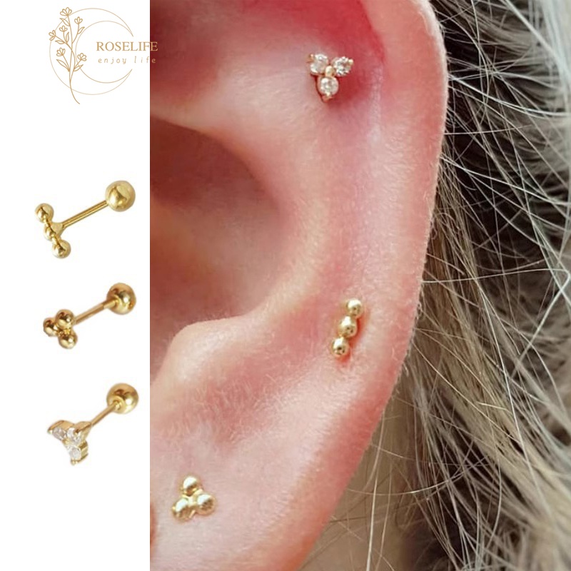 Roselife Unisex Hypoallergenic Gold Round Ball Screw Tiny Ball Pierced Stud Earrings for Women Men Rhinestone Flower Daily Wear Pick Free Screw Ear Jewelry