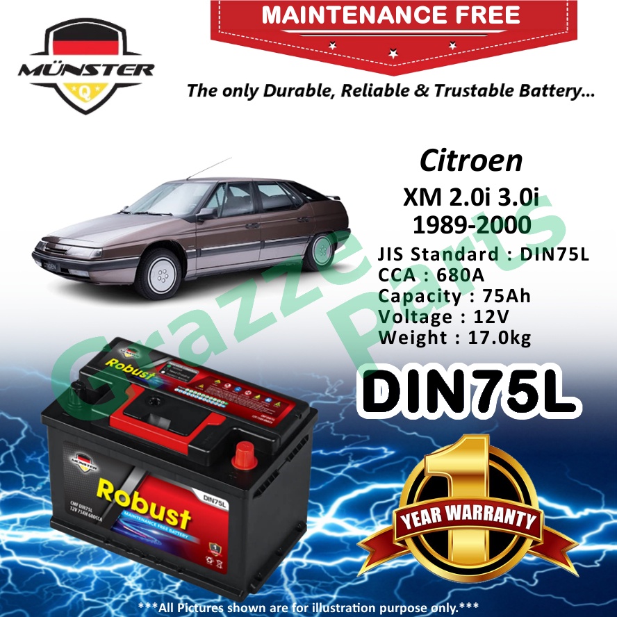 Münster Robust MF CMF DIN75 | DIN75L | 57539 (75AH) Car Battery Bateri Kereta Citroen XM 2.0 3.0 i 2