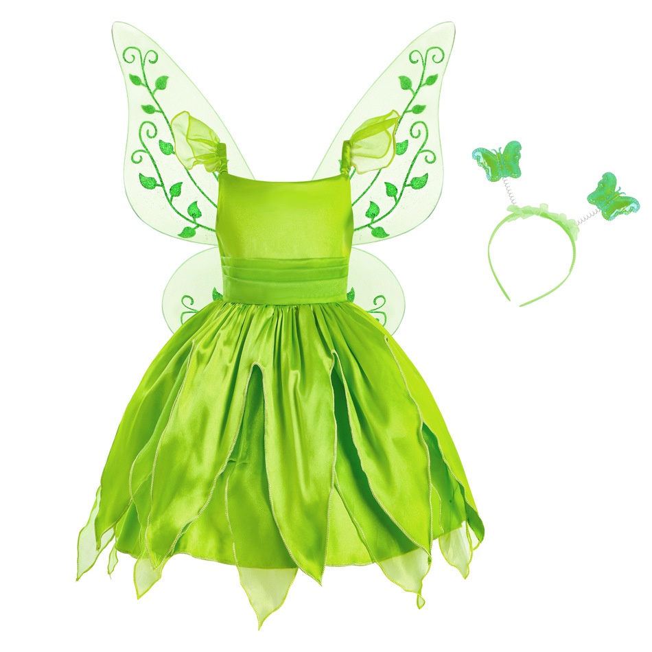 Purpose Premium Tinkerbell Princess Dress tinker bell Halloween cosplay Green Wings Fake Three-Piece Set Headwear Gir... - Image 5