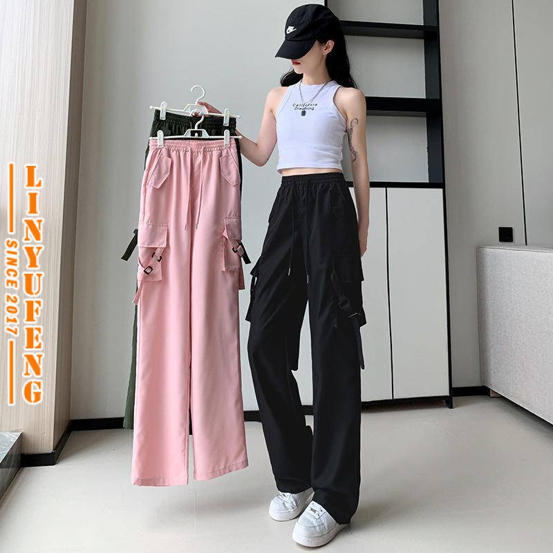 Y2K Straight Cut Cargo Pants Women Drawstring 4 Pocket High Waist Streetwear Vintage Sport Casual Black Pink Green Baggy Plus Size Ladies Woman Long Seluar Ootd Kargo Slack jalan Panjang Poket Tepi Sukan Perempuan Wanita Murah