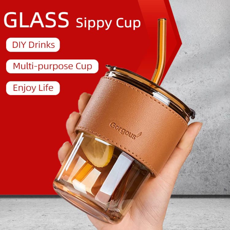 B.S.B Glass Straw Cup with Lid Heat Cold Resistant Iced Water Bottle Coffee Glass Mug Transparent Travel Mug Leather