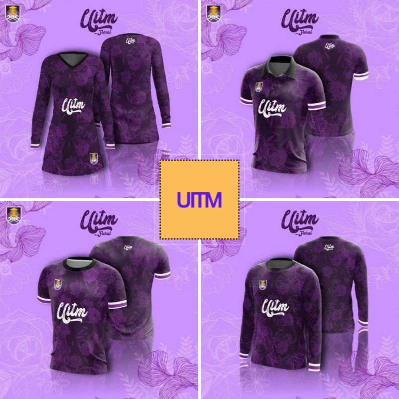 JERSI UITM FLORAL EDITION Purple Floral Sesuai Untuk Student Dan Alumni Staf Muslimah Baju Muslimah Labuh Murah Jersey Muslimah Microfibre Short Sleeve Collar Dan Long Sleeve