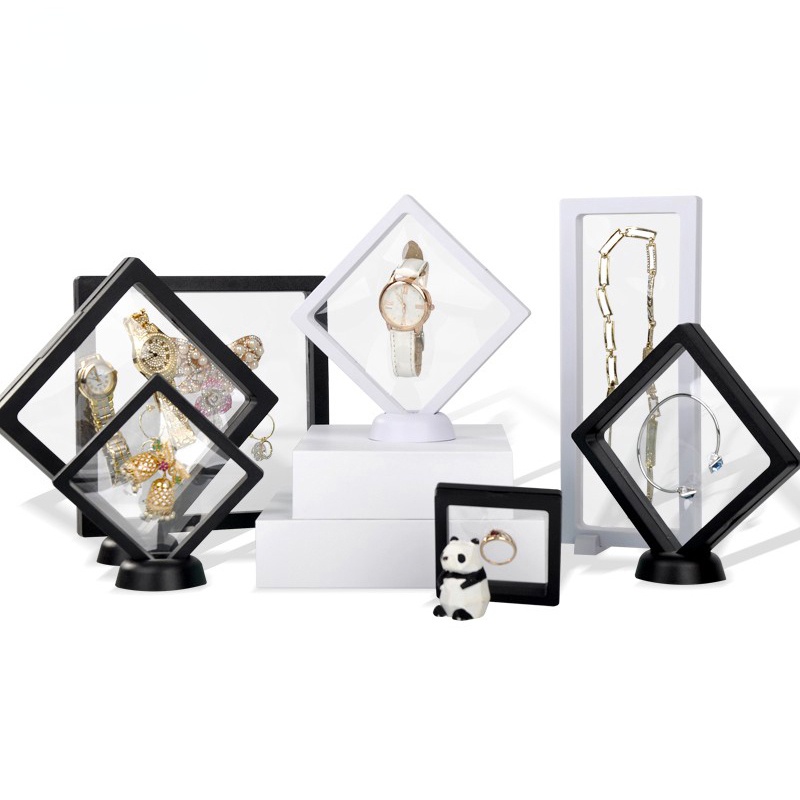 PE Film Jewelry Storage Box 3D Packaging Case Gemstone Free Stand Floating Frame Membrane Ring Earrings Necklace Display Holder
