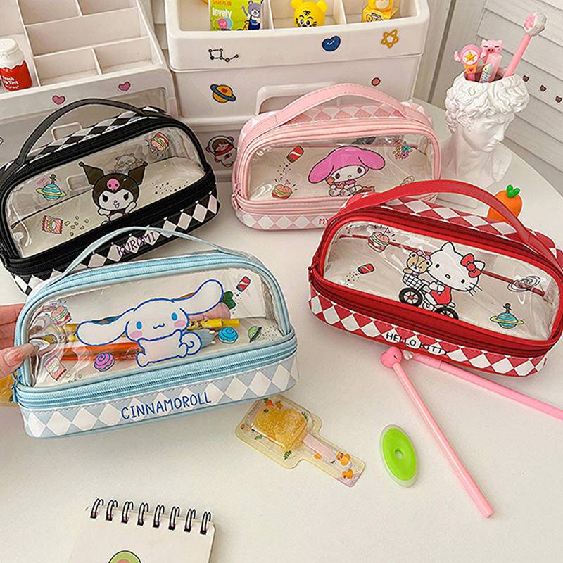 Have Versatile Sanrio Cartoon Mymelody Kuromi Cinnamoroll Pencil Case Student Simple Plaid Multi Layer Large Capacity... - Image 3