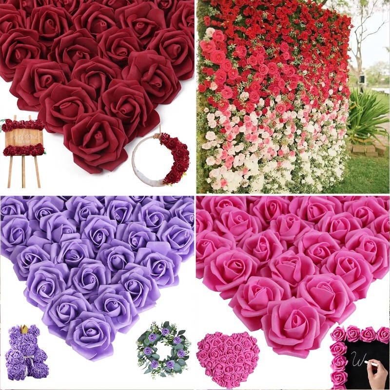 100pcs Artificial Rose Flower Heads 7cm,Stemless Fake Foam Roses for Crafts Home DIY Valentine's Day Wedding Bouquets Bridal Shower Centerpieces Party Backdrop Cake Decorations