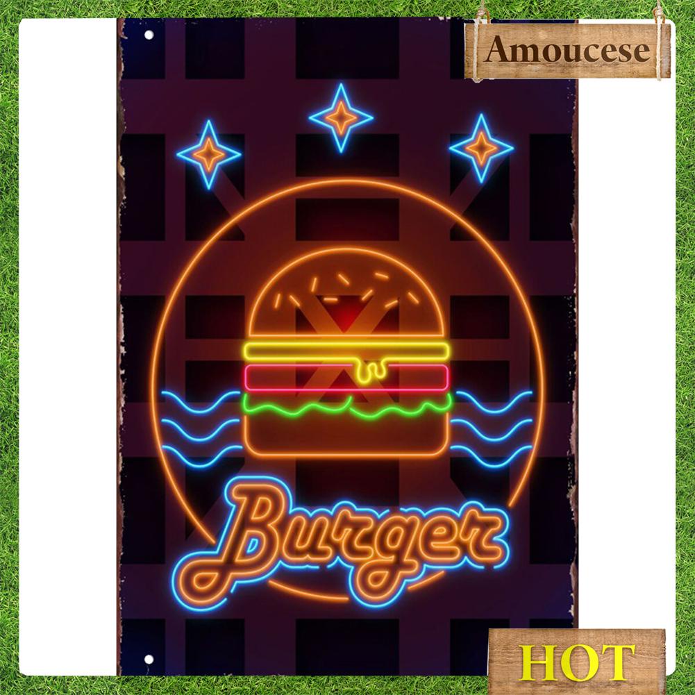 Vintage Neon Burger Retro Metal Plate Tin Sign Plaque Poster Wall Art Decor