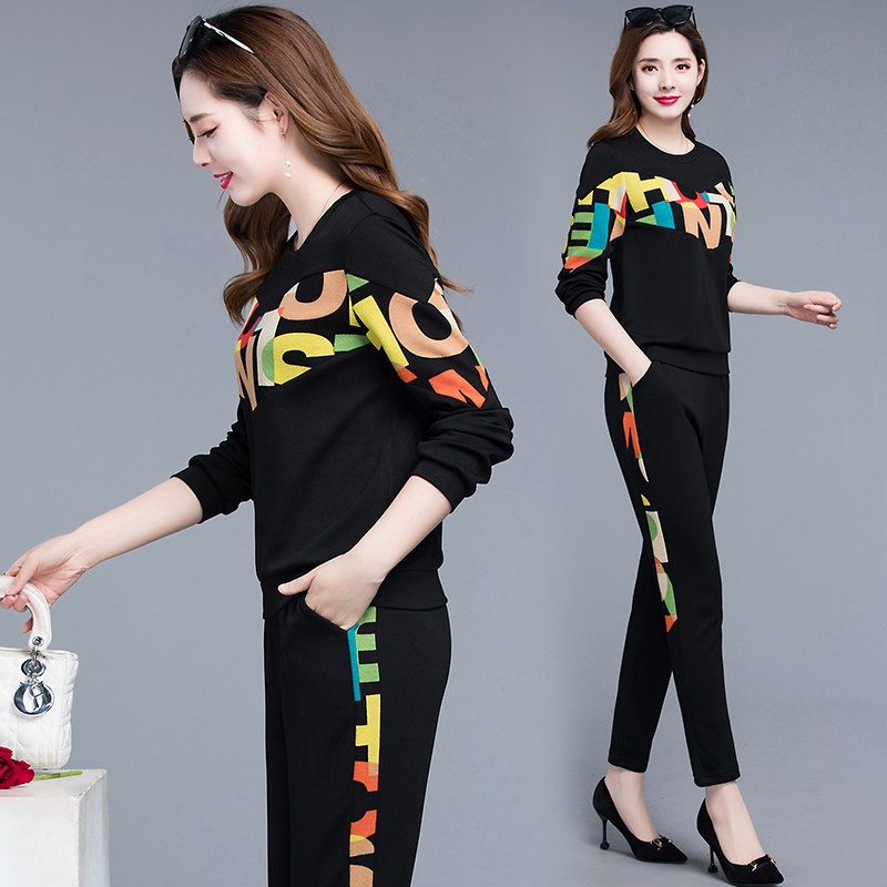 Korean Style Casual Sports Pants Suit Women's Tracksuit Long Sleeve Loose Tracksuits Top and Pants Two Piece Set Individual Set Wear