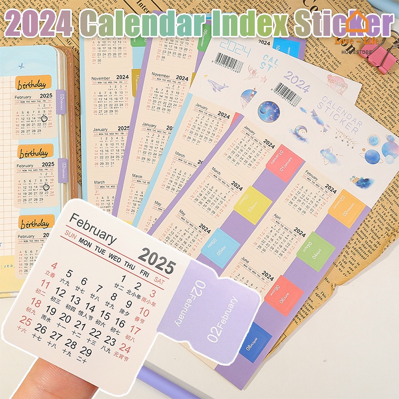 Kawaii 2024-2025 Calendar Stickers/ Kawaii Monthly Manual Ledger Label/ Bookmark Notebook Agenda Planner Index Labels Stationery