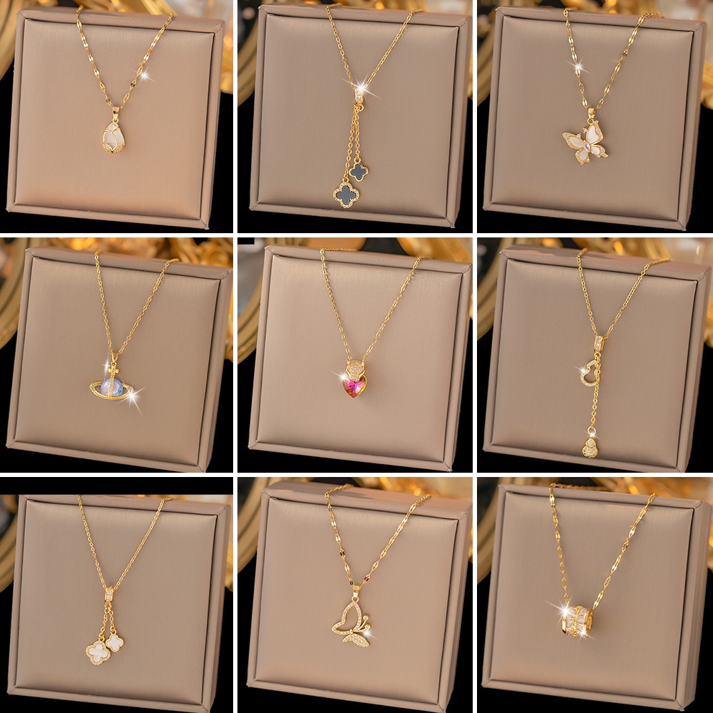 Titanium Steel Necklace Female Personality Simple Crystal Butterfly Clover Necklace Accessories Gift