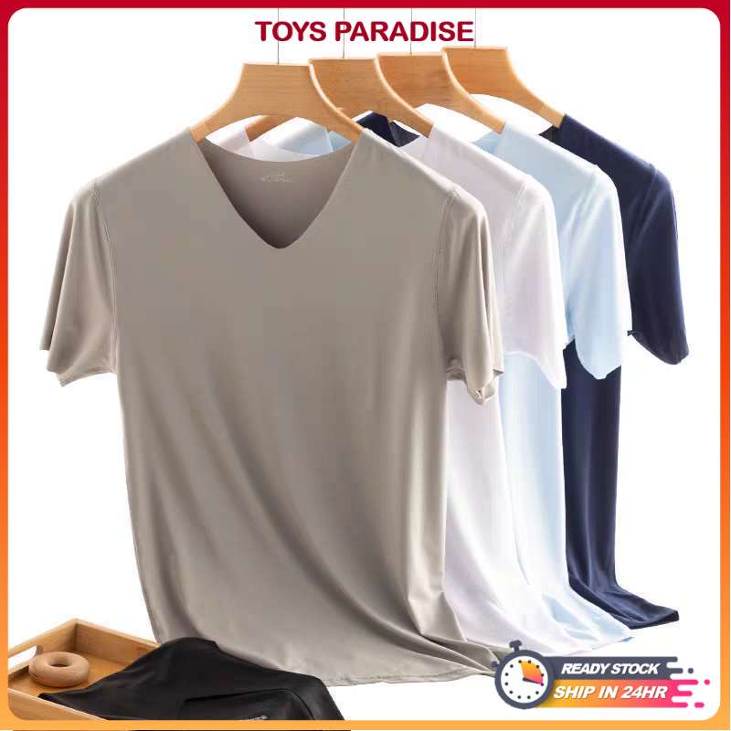 [Malaysia Stock]Ice Silk V-neck T-shirt Man Short Sleeve Cooling Seamless Inner Top Breathable Drying Tees Comfortable