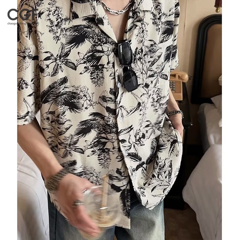 chaogongfang essentials　Ink smudged shirt men's short-sleeved summer beach flower shirt