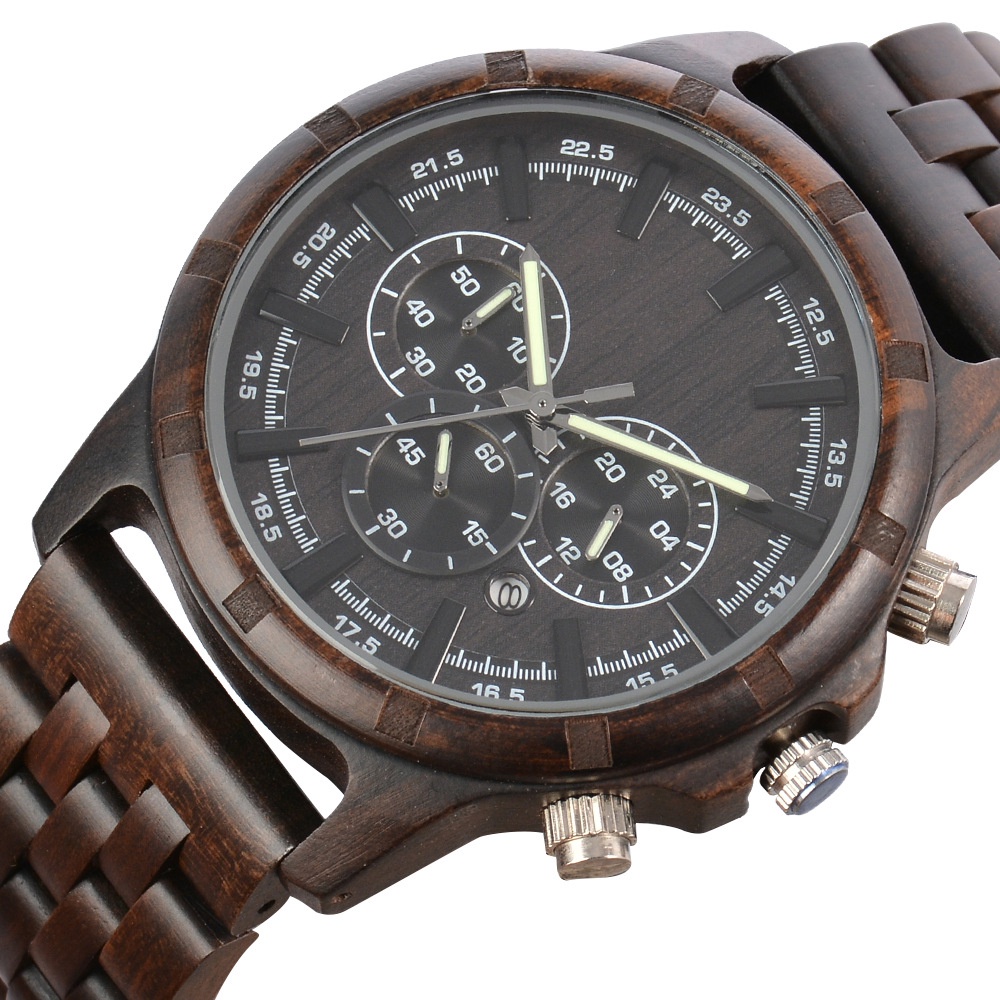 Men Watch Wooden Watch Three-Eye Multi-Kinetic Energy Sports Watch Sandalwood Watch