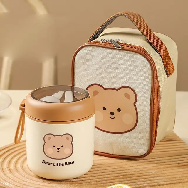 Cute Thermos Flask Soup Container Porridge Warmer Food Container Porridge Warmer Food Container Lunch Box with Spoon Bag