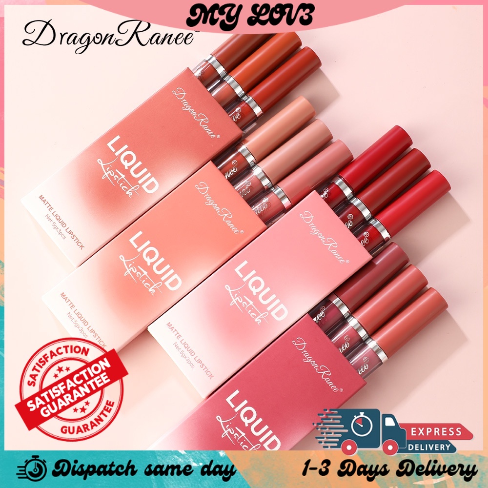 【Ready Local Stock】Dragon Ranee Velvet Matte Lip Collection - 3-Pack, Orange Tea and Mocha Shades for a Luxurious Look