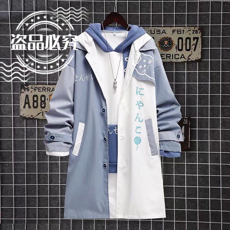 Jaket Bertudung Kucing Musim Bunga Jepun dan Musim Gugur Baharu Lelaki S Jenama Trendi Sweater Kartun Longgar Setengah Panjang Melepasi Lutut/*#Japanese Spring And Autumn New Ins Cat Hooded Jacket Men S Trendy Brand Mid-Length Over-The-Knee Loose Cartoon