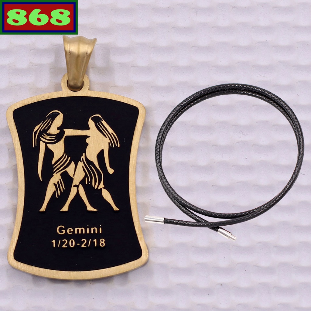 Zodiac - Gold stainless steel Gemini pendant (Gemini) with black rubber strap necklace
