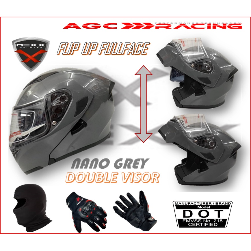 NEXX RIDING DOUBLE VISOR FLIP UP SAFETY FULLFACE DOT CERTIFIED MOTORCYCLE EQUIEMENT NANO GREY