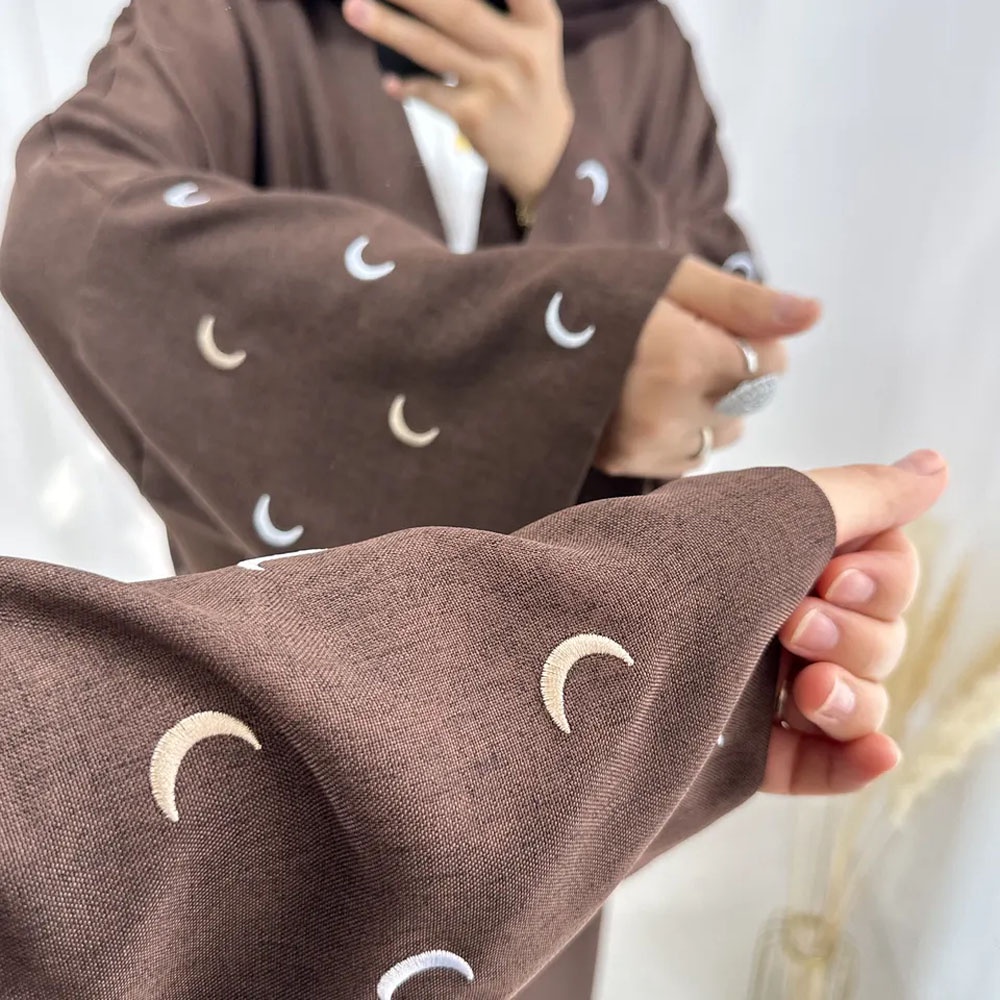 Moon Embroidery Open Abaya EID Ramadan High Quality Linen Kimono Islamic Clothing Wholesale Dubai Cardigan Muslim Women Dress