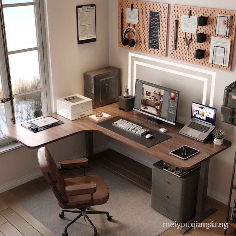 In stock[]Wzo Walnut Corner Elevating Desk L-shaped Study Simple Electric Computer Table Intelligent Corner Home Office Table INHW SKJK