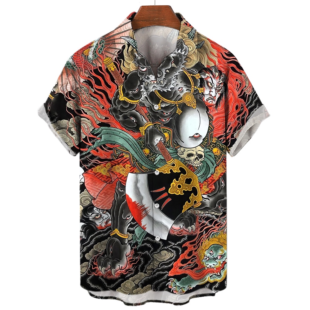 Essential Have Tiger Pattern Shirt Summer Hunter Short Sleeve Men's Anime Print Tops Casual Lapel Oversized Button Cl... - Image 2